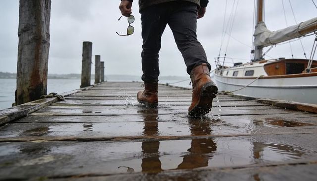Adult walking on wet marina dock splashing brown leather boots holding sunglasses near sailboat