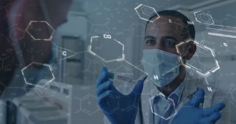 Doctor Analyzing Vaccine with Digital Molecular Structures Overlay