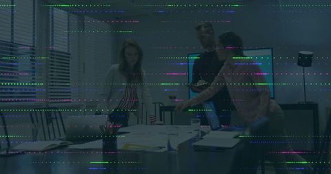 Collaborating Business Team at Table with Technology Overlay