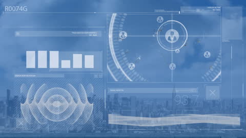 Futuristic AI HUD with Graphs Over Cityscape