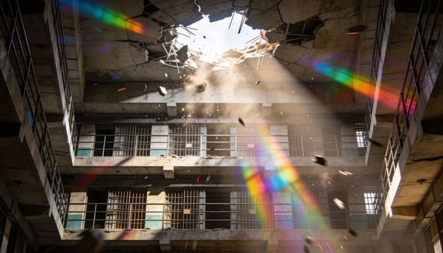 Sunlight pouring through breached ceiling in ruined atrium with prism flares