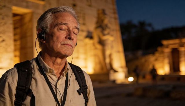 Senior traveler listening to audio guide exploring illuminated ancient temple at night
