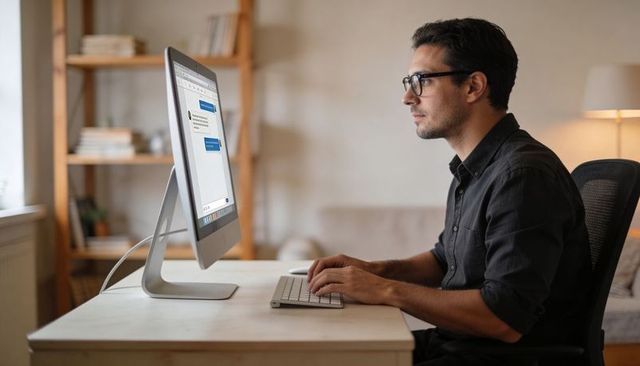 Focused young professional working from home at desktop computer typing and chatting