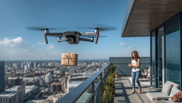 Autonomous drone delivering wrapped parcel to highrise balcony while woman watching skyline