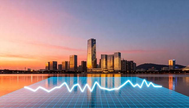 Sunset city skyline with neon grid waveform over waterfront reflecting modern towers