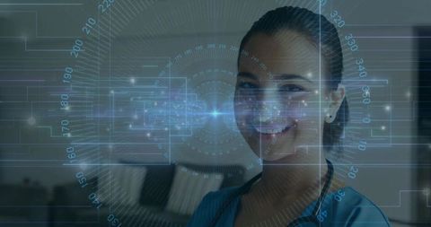 Smiling Nurse with Futuristic HUD Interface in Clinic Lounge