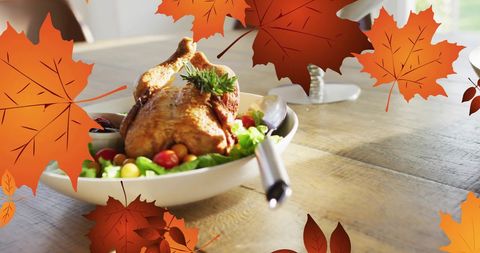 Autumn-Themed Roast Chicken Dish on Wooden Table