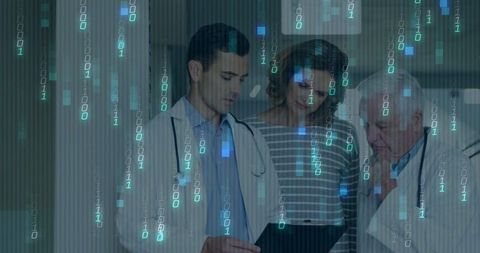 Medical Team Analyzing Data Overlay in Hospital Corridor