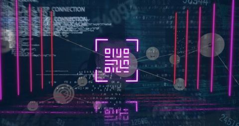 Futuristic network with neon qr graphic and data nodes