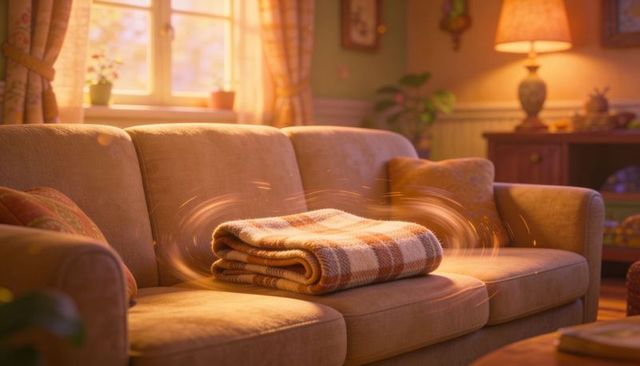 Cozy golden plaid throw glowing on sofa in sunlit living room with warm ambient lamp