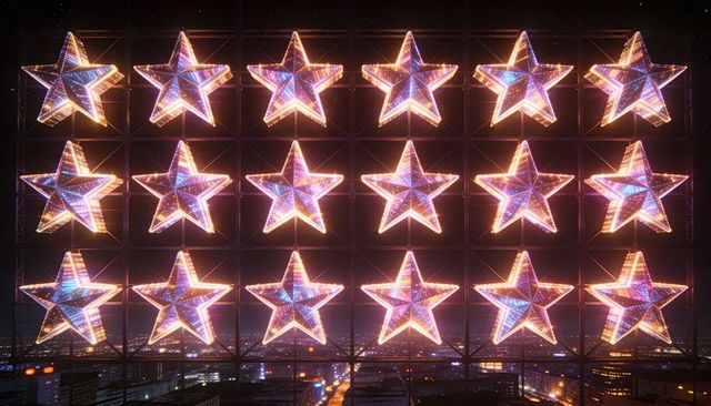 Twenty led stars glowing and pulsing in neon grid on rooftop over city night skyline