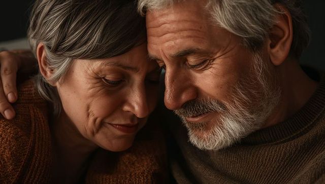 Tender senior couple touching foreheads and embracing, cozy knits and warm intimate portrait