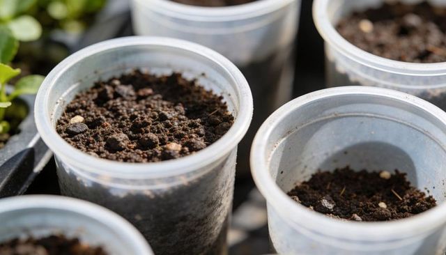 Clear nursery cups holding potting soil for seedling propagation in greenhouse