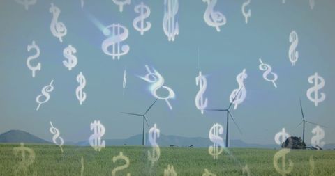 Dollar Signs Overlapping Landscape with Wind Turbines and Green Field