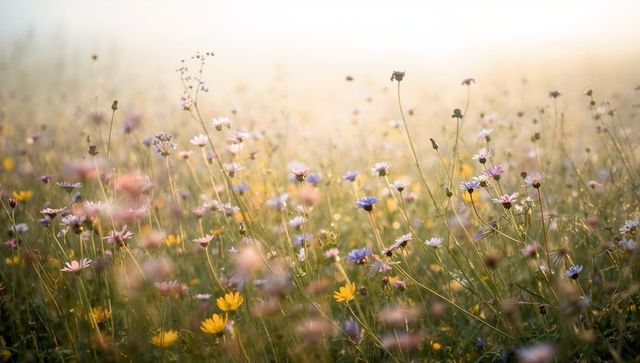 Pastel wildflower meadow swaying at golden hour with dreamy creamy bokeh