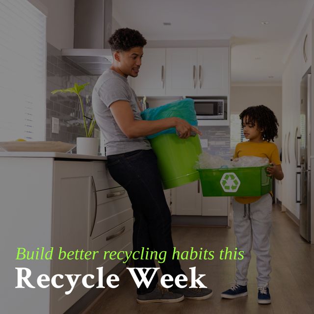 Digital composite image of biracial father teaching recycling to son at home, recycle week text. Copy space, promote benefits of recycling, raise awareness, environment conservation, responsibility.