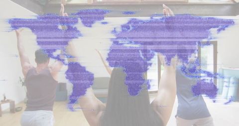 Adults stretching in at-home yoga class wearing activewear with purple world map overlay