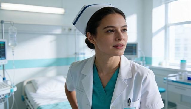 Nurse standing by hospital bed wearing white coat and teal scrubs with cap and badge