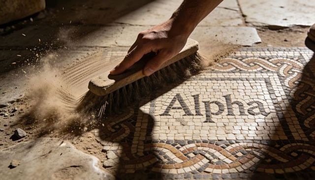 Restorer brushing dust from alpha mosaic revealing ancient tessellated floor and border