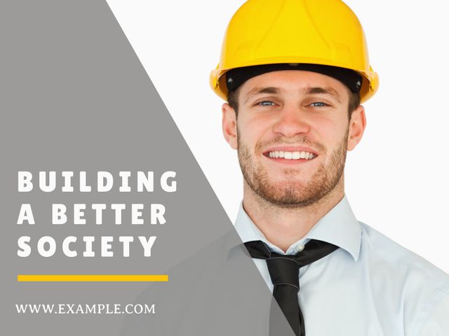 This image features a smiling construction worker wearing a yellow hard hat, representing safety and reliability in building services. Ideal for use in advertising construction companies, safety seminars, project management promotions, or any material highlighting industry expertise and client satisfaction.