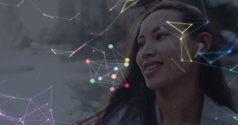 Smiling woman with connected nodes overlay symbolizing digital connectivity