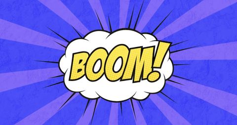 Comic Style Boom Text on Explosive Blue Background