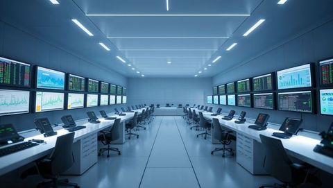 Futuristic operations center with monitors and desks