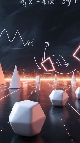 Fading Neon Square Guiding Geometric Solids Sliding on Grid with Chalkboard Equations