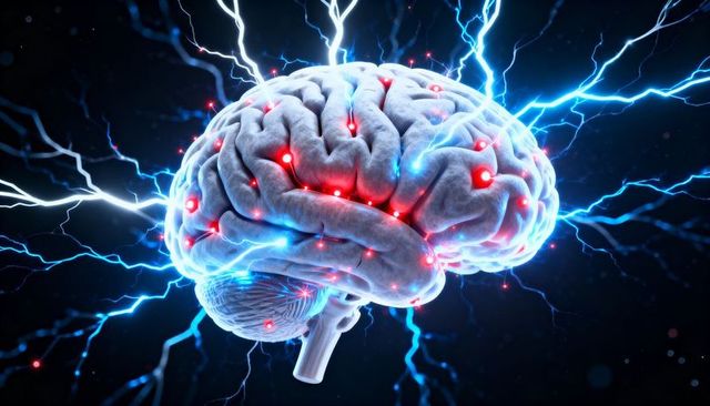 Neon human brain pulsing with electric neural activity and glowing synapse nodes