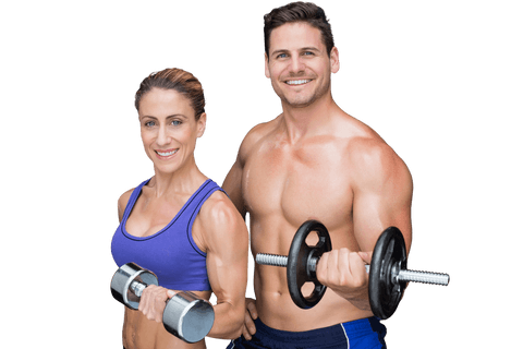 Smiling fitness couple holding dumbbells on transparent background