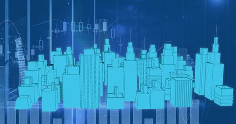 Digital Cityscape Visualization with Data Overlay in Blue