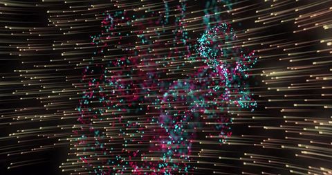 Swirling Neon Particle Cloud Streaming Golden Light Trails with Cyan and Magenta Energy