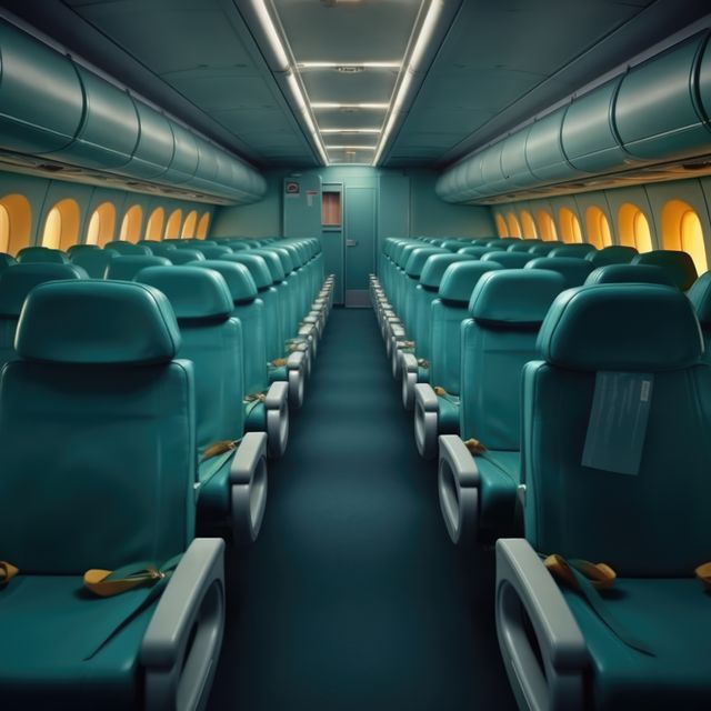Image shows an empty airplane cabin with rows of teal seats and dim lighting. Overhead luggage compartments are closed. Ideal for use in travel advertisements, airline promotions, articles about air travel comfort, or aviation-related content.