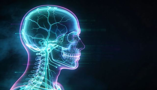 Holographic neon skull and cervical spine rotating, highlighting neural pathways