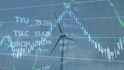 Wind Turbine with Stock Market Overlay Symbolizing Green Investments