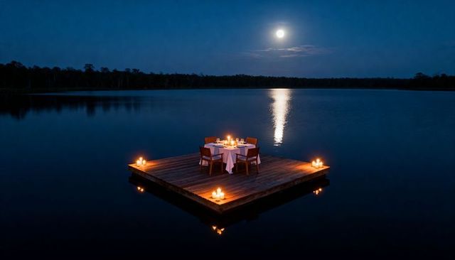 Moonlit romance on floating wooden dock with candlelit dinner table and lake reflection