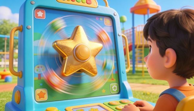 Child playing with spinning star toy in playground, colorful interactive learning