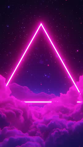 Vertical neon triangle forming over magenta clouds, pulsing lines and drifting specks