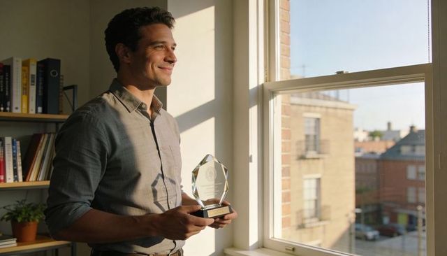 Smiling professional holding crystal award by sunlit window conveying achievement and pride
