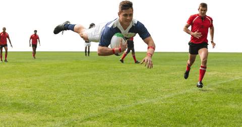 Transparent rugby players in action with flying try
