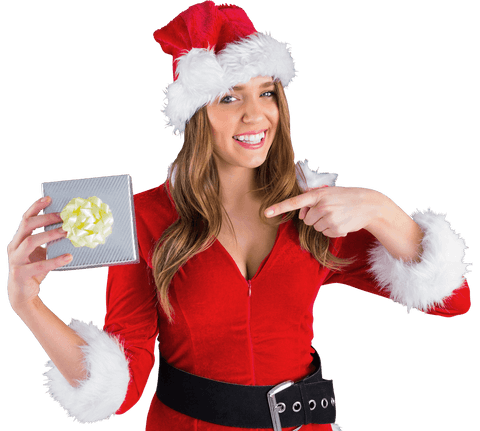 Santa girl in red costume pointing at gift on transparent background