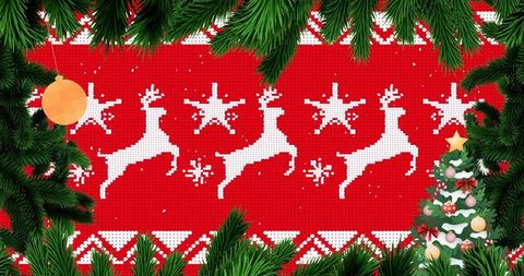 Red knitted reindeer pattern with fir branch frame and christmas ornaments