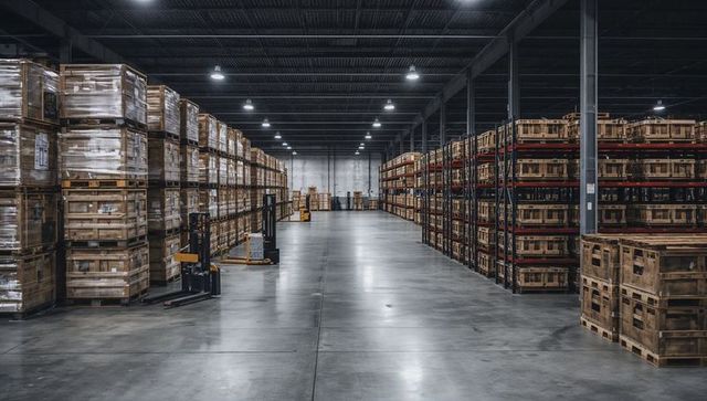 Spacious industrial warehouse aisle featuring stacked wooden crates, pallet jacks, high racking