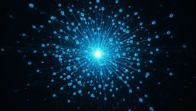 Cyan energy core radiating digital filaments and luminous nodes for technology visuals