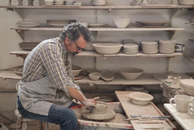 Male potter molding a clay in pottery workshop