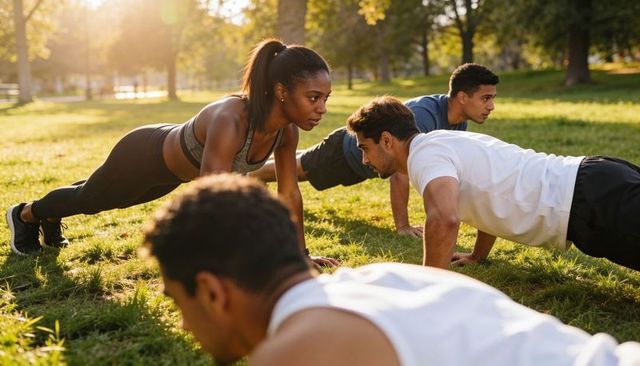 Group performing push-ups and planks in sunlit park for outdoor fitness training