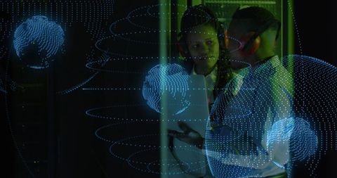 It technicians with digital data render in server room environment