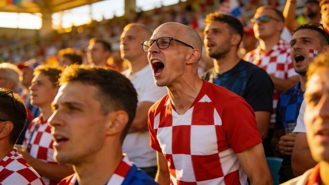 Bald fan wearing red white checkered jersey shouting and cheering in stadium at golden hour