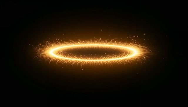 Glowing golden ring emitting spark trails and halo glow, luminous circle energy portal