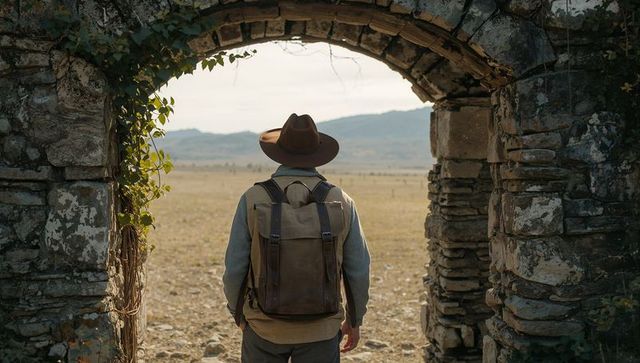 Lone backpacker standing under ancient stone arch gazing across arid plains at dawn